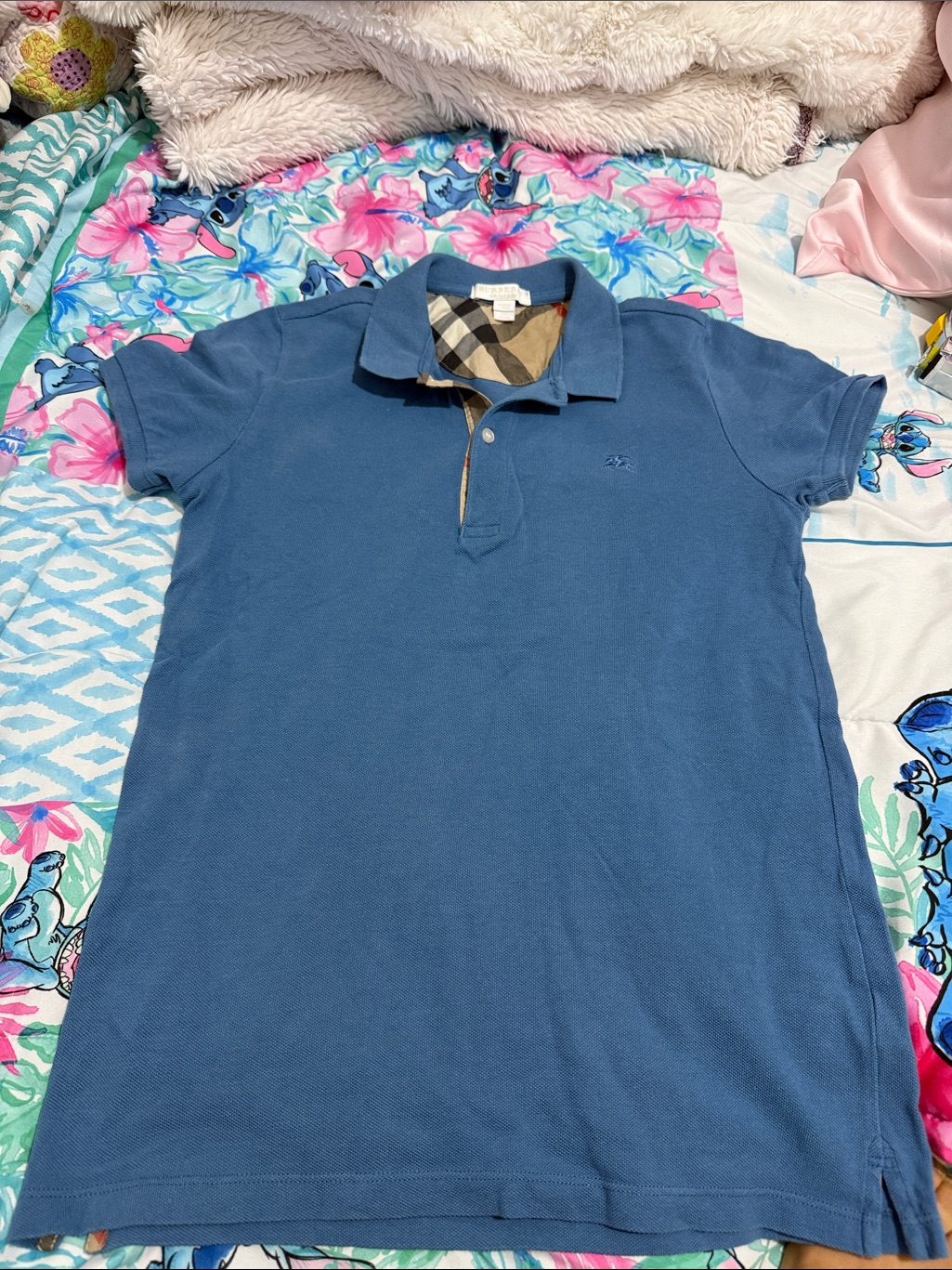 Burberry Blue Polo Shirt With Plaid Collar Kids Size 14 Fits Women S M